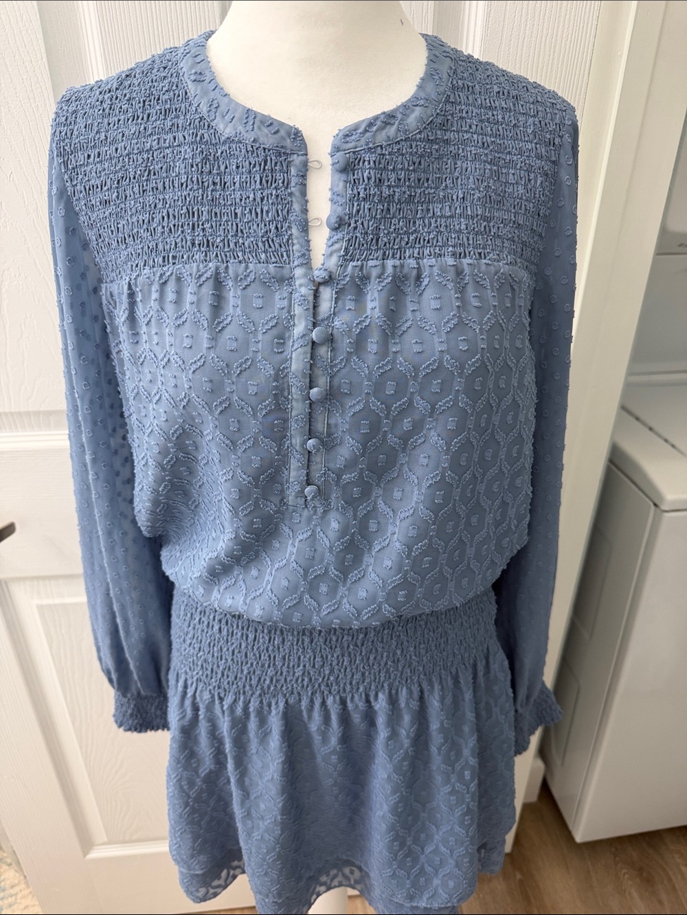 White House Black Market Slate Blue Long-Sleeve Smocked Waist Dress